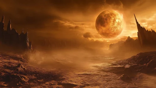 Alien desert planet under burning orange moon at dusk.