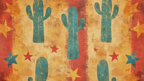 Distressed desert cactus and star pattern background.