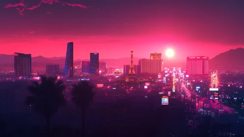Neon sunset over futuristic casino strip and desert skyline