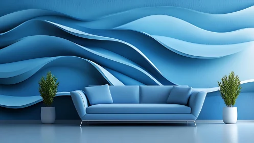 Modern blue living room with abstract wave wall art and plants.