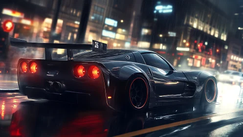 Night rain polishes a street racer into liquid neon thunder