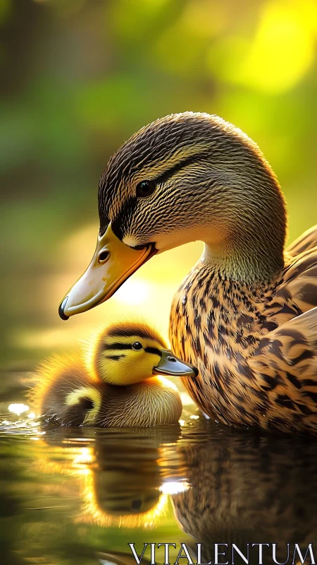 Sunlit mallard mother and duckling on reflective pond.