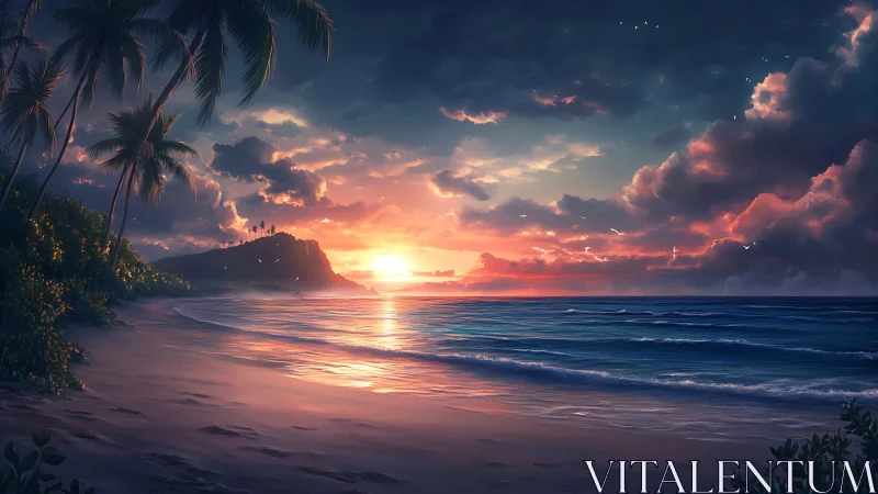 Digital coastal seascape depicts sunset over tropical shoreline