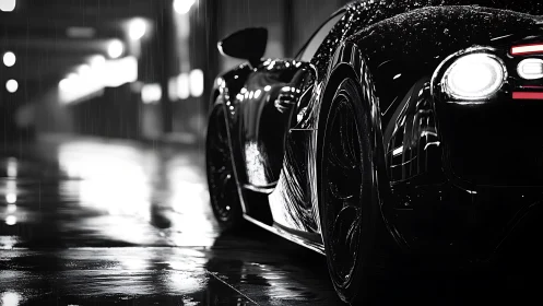 Rain-slick midnight supercar glows in monochrome neon storm.
