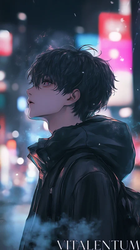 Side-profile anime boy stands in neon city lights at night