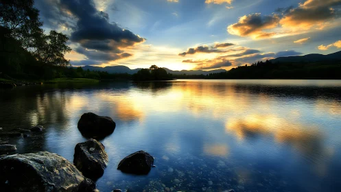 Calm lake sunset with rocks, trees, clouds, and reflections.