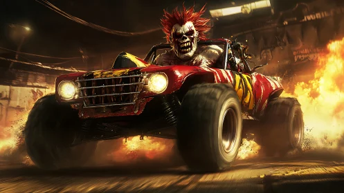 Clown-headed driver in red off-road car amid explosions.