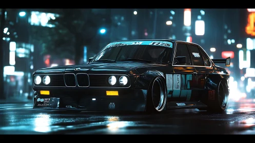 Midnight tuned BMW glows against neon city rain