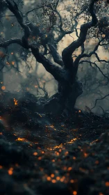 Gnarled tree stands over glowing embers in a burned forest