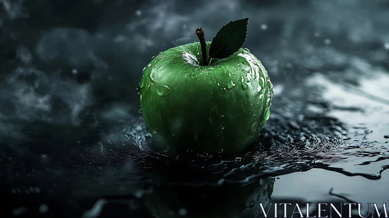 Green apple in dramatic water splash under moody light.