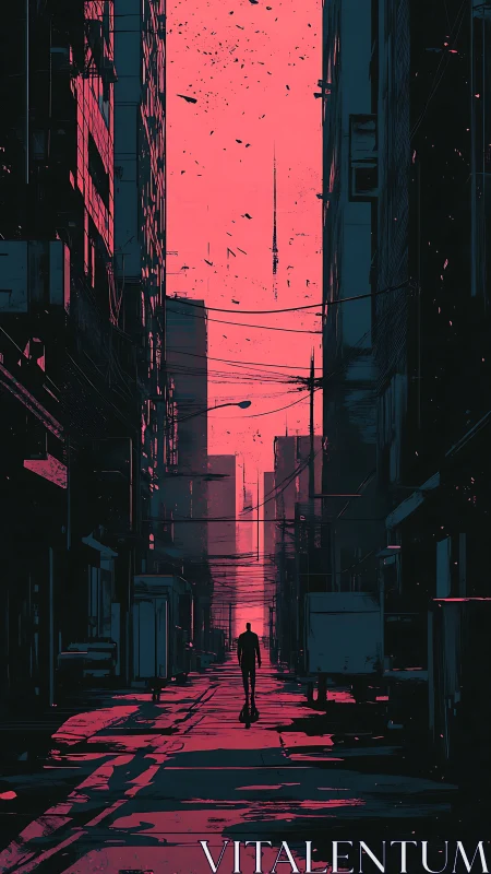 Neon dusk wanderer crossing a vertigo-tall cyber alleyway.