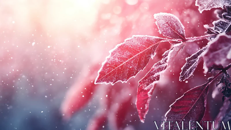 Frosted red leaves suspended in shallow depth-of-field bokeh