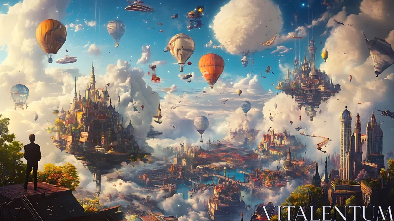 Dreamlike floating cities drift among clouds and balloons