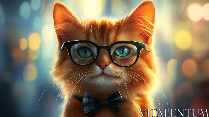 Orange cat wearing black-framed glasses and bow tie rendered in 3D.