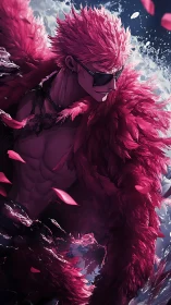 Stylized pink-feathered antihero in dynamic ocean spray profile