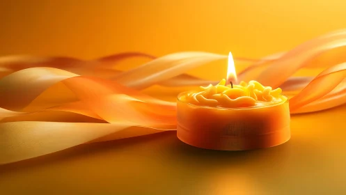 Orange tealight candle rendered with flame against abstract background