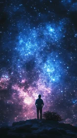 Silhouetted observer beneath luminous galactic starfield panorama.