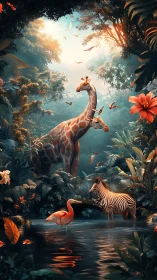 Luminous jungle wildlife tableau in vertical digital painting.