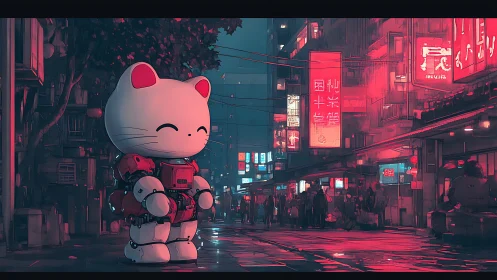 Robotic maneki-neko patrols neon-lit cyberpunk alley at dusk