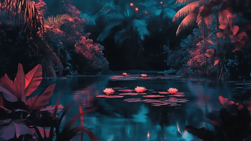 Bioluminescent lilies glow over neon cyan jungle lagoon.