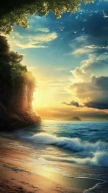 Sunlit cliffside cove where rolling waves kiss painted sky.