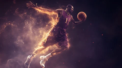 Streaks of cosmic fire sculpt a soaring basketball drive