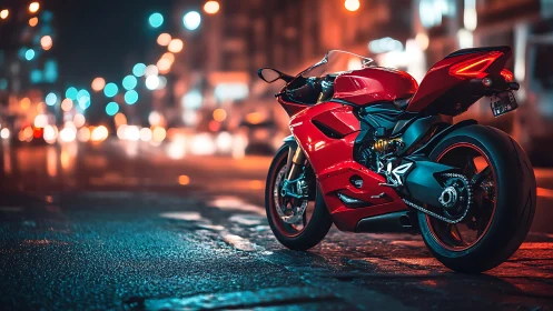 Scarlet superbike hums quietly under neon-soaked midnight rain