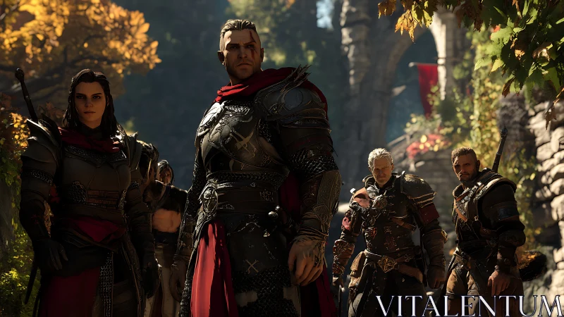 Armored fantasy warriors gathered in a sunlit stone ruin.