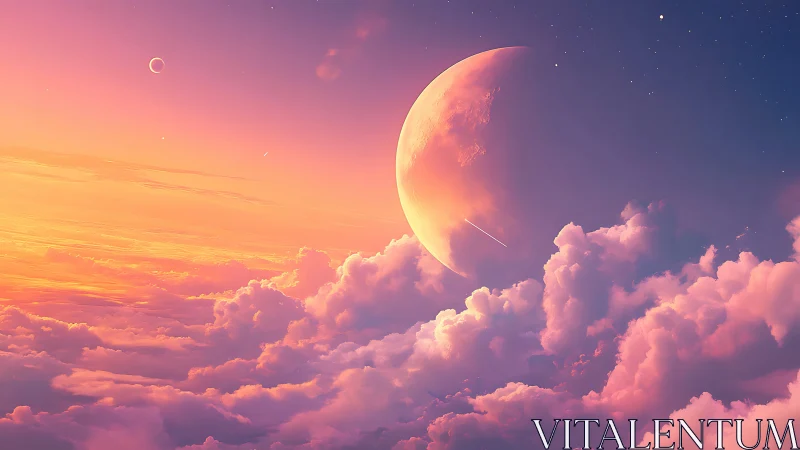 Dreamy pastel sky with a glowing crescent planet above clouds.