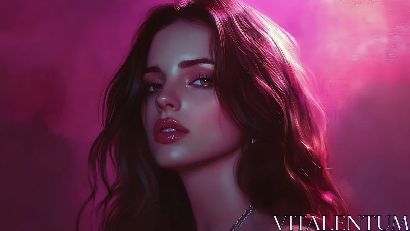 Moody digital portrait of woman in pink studio light.