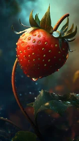 Single strawberry with water droplets in shallow focus field.