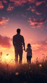 Father and Child Silhouettes Against Blazing Sunset.