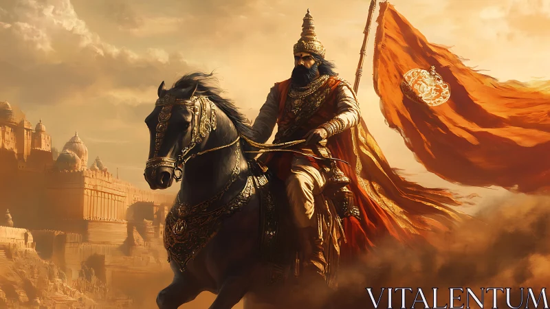 Armored warrior on horse with orange war banner in desert