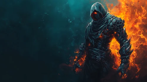 Hooded armored figure stands before orange flames in darkness