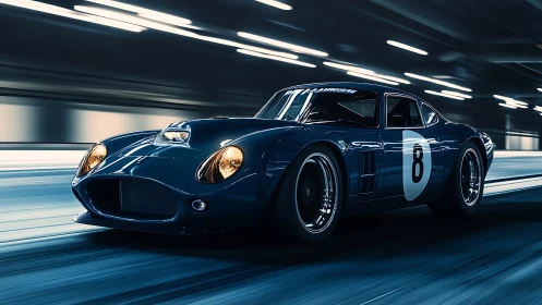 Midnight blue classic race car surging through city lights.