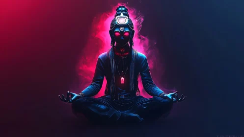 Neon void yogi radiates cybernetic calm in glowing trance.