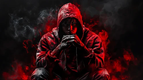 Brooding hooded figure framed in crimson smoke and shadowed fire.
