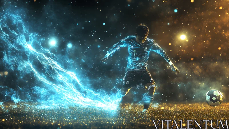 Electric soccer striker charging luminous ball on field.
