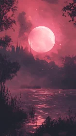Crimson moon over dark lake and distant spired castle.