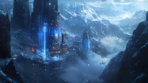 Frozen mountain megacity glows with neon sci-fi energy.