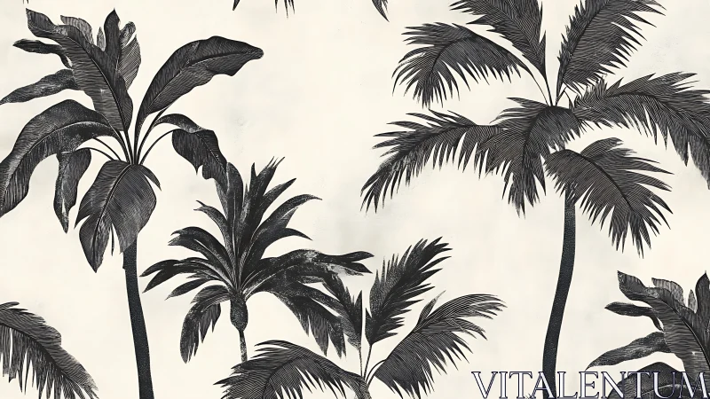Monochrome palm tree illustration on light textured ground.