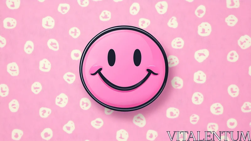 Bubblegum pink smiley badge on playful patterned field.