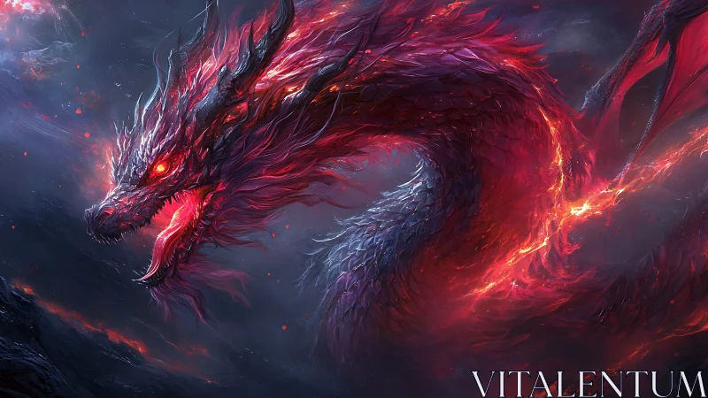 Coiled red dragon rendered in high contrast digital fantasy scene