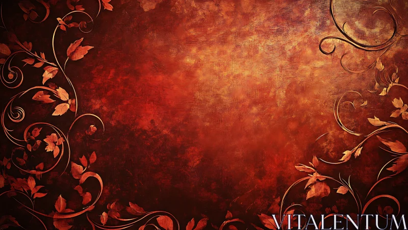 Textured crimson background with ornate floral scrollwork border