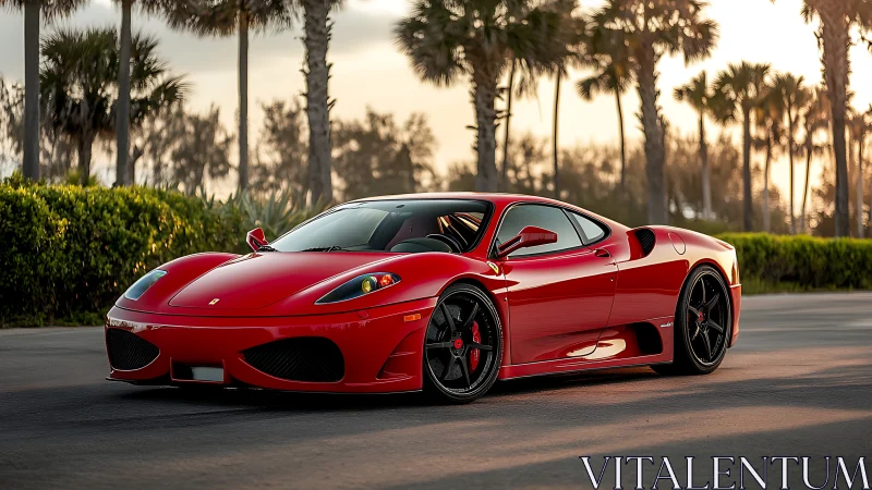 Sunlit red sports car waits calmly along a palm-lined road
