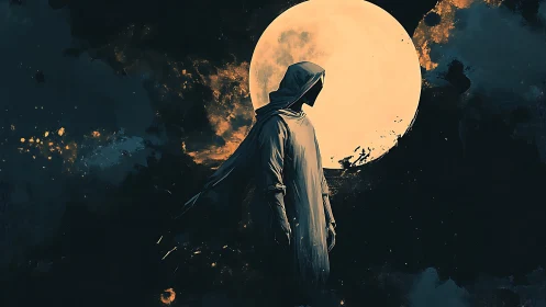 Hooded lunar silhouette against high-contrast nocturnal sky.
