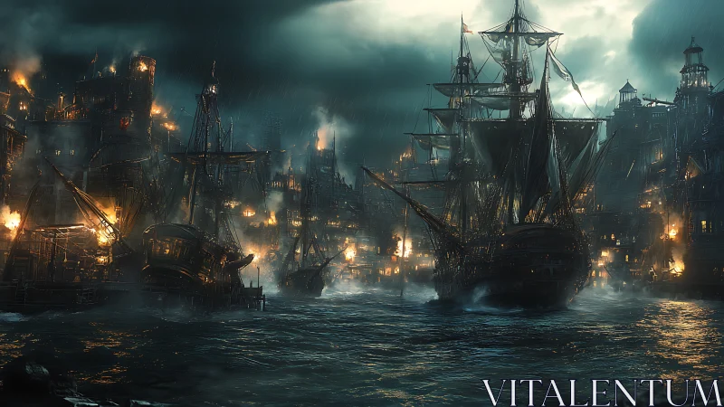 Storm lit siege harbor with burning fortifications and tall ships