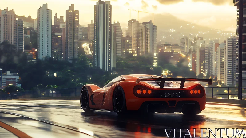Sleek orange supercar resting above a glowing city sunset.
