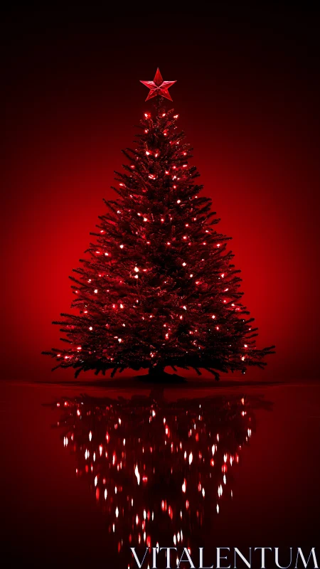 Crimson Christmas tree glowing softly with mirrored lights.