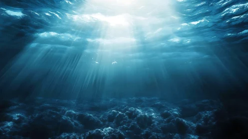 Sunbeams pierce a tranquil deep ocean, revealing silent depths